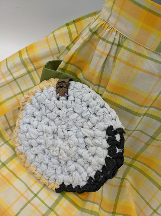 Hand Crocheted Off-White Trivet With Yellow and Black Accents