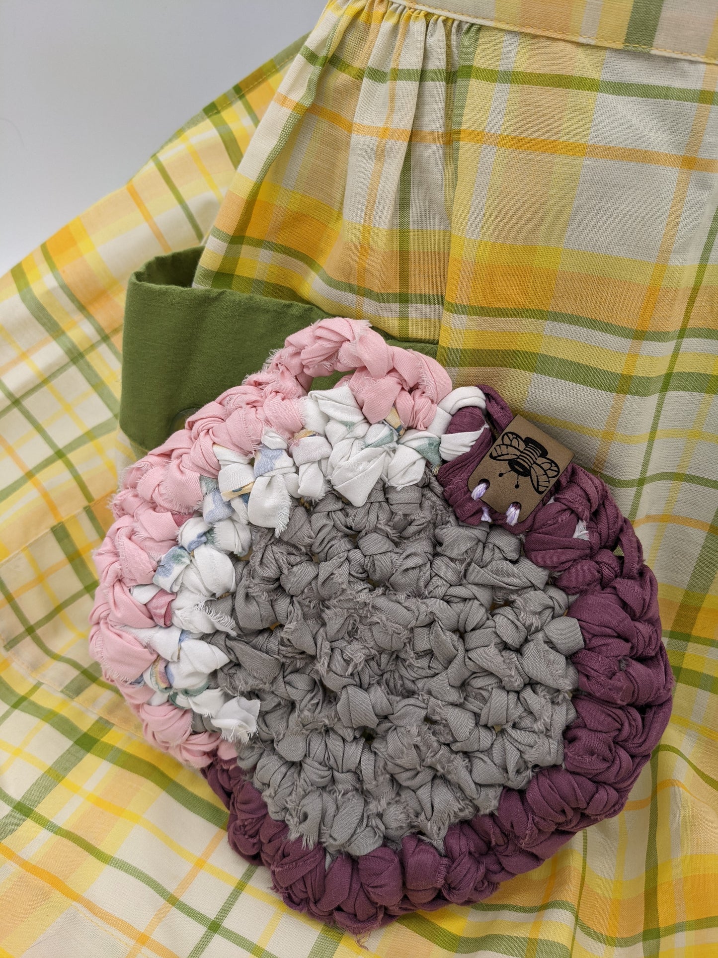 Gray Hand Crocheted Trivet with Pink and Wine Borders